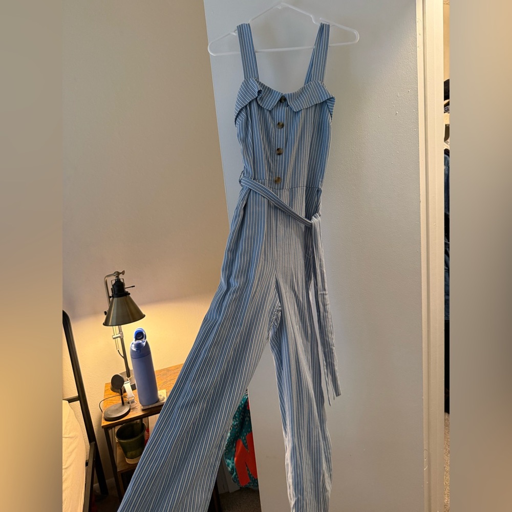 Baby blue/white striped summer linen jumpsuit